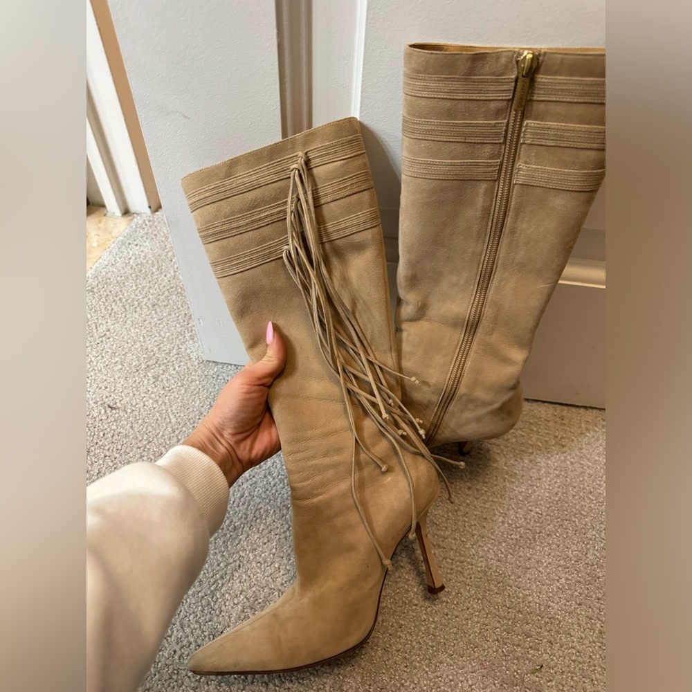 Jimmy Choo Elegant Tan Knee-High fringed Women's Boots